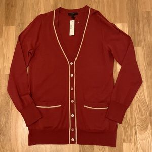 Medium women’s J.CREW maroon with cream trim cardigan. NWT’s, 100% merino wool